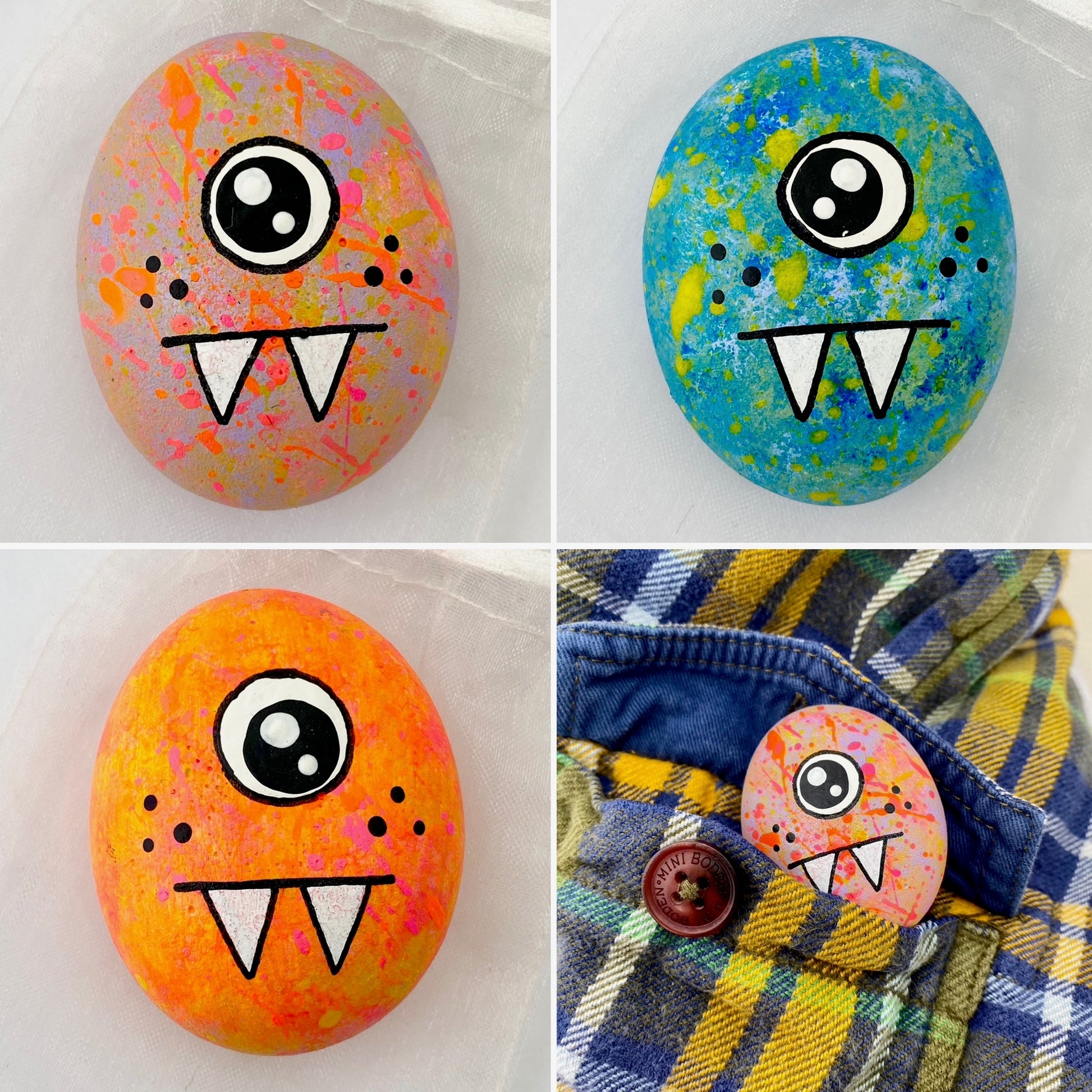 Hand painted 1 eyed monster pebbles called Blerp in 4 different colour ways
